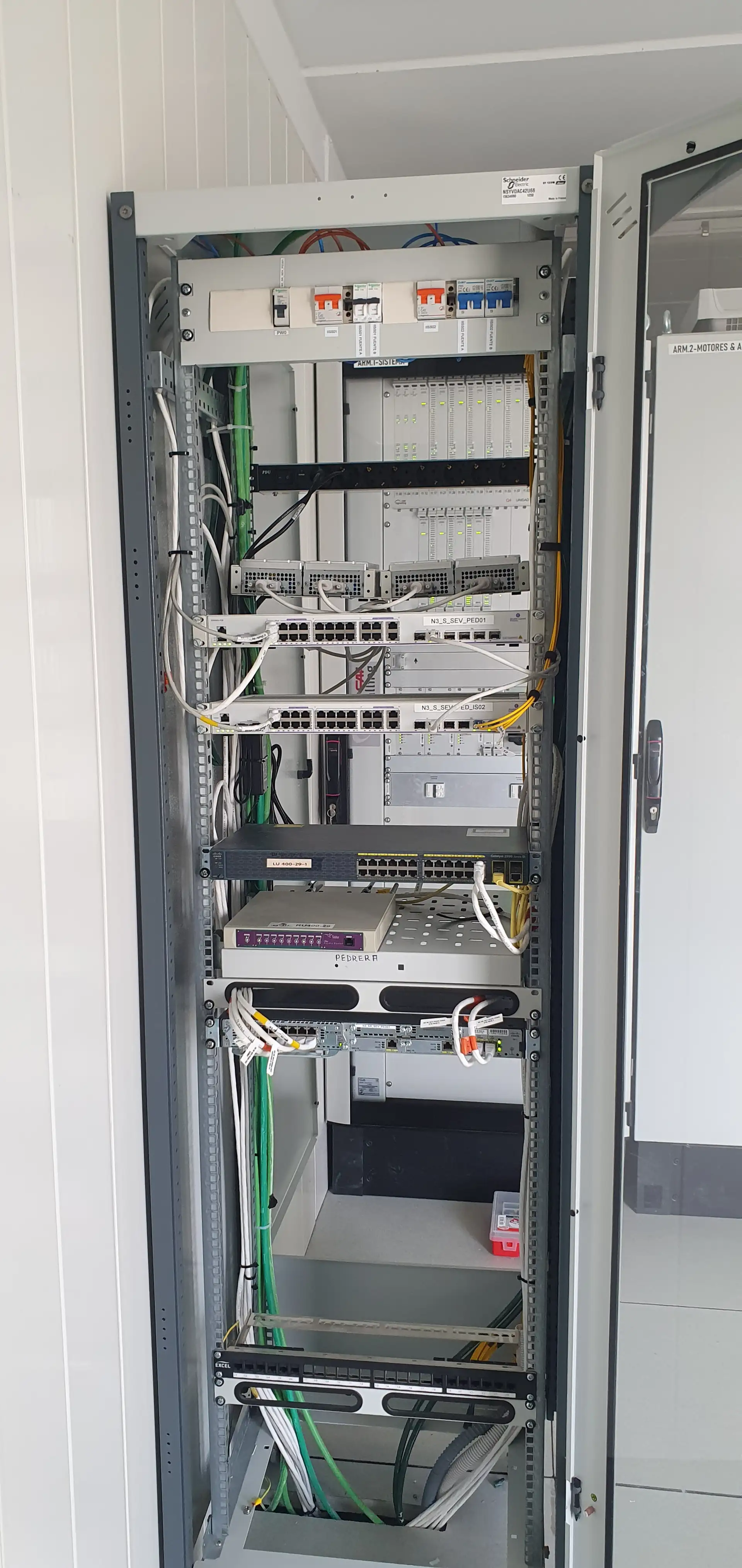 Armario técnico de comunicaciones con alimentación DC, electrónica de control y cableado organizado en entorno de infraestructura crítica