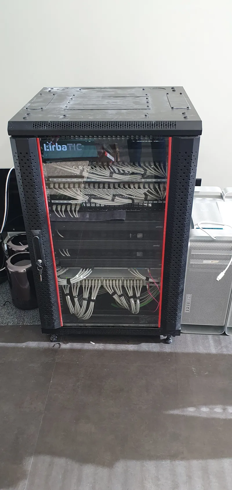 Installed and organized communications rack